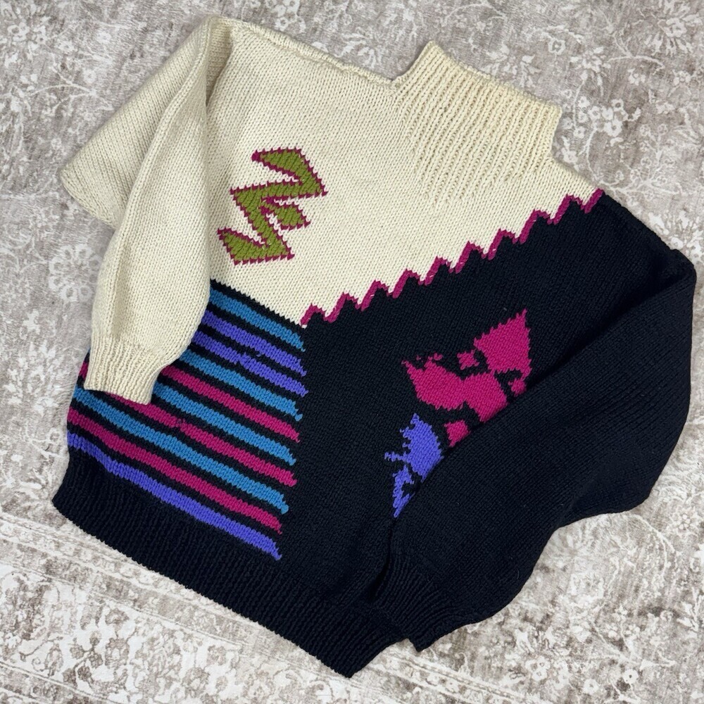 Vintage Plaza Wool Sweater  Bold Geometric Colorblock Nordic Ski Retro Chunky S‎